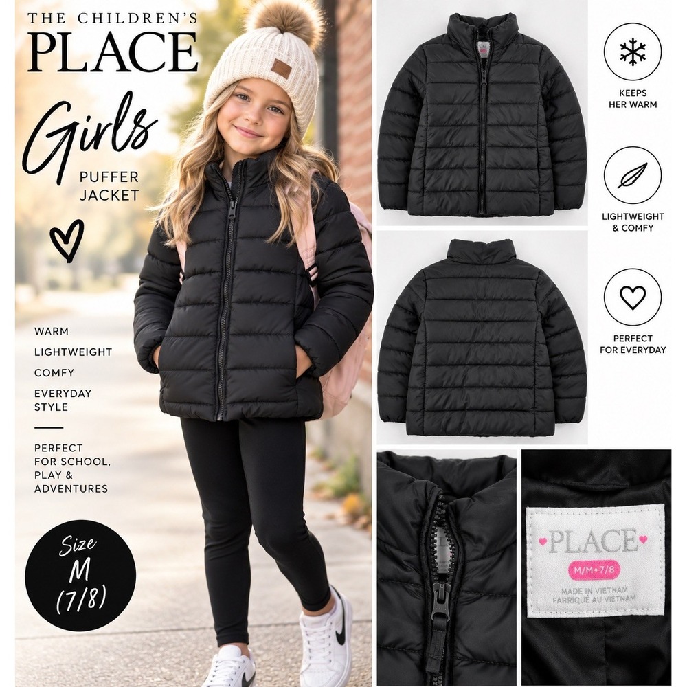 Girls Puffer Jacket M 7/8 Black Winter Coat Lightweight by The Children's Place